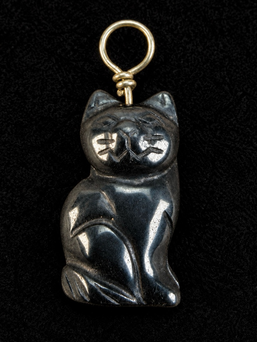 Vintage Carved Cat Pendant Dark Gray Silver Tone Bail Estate Find